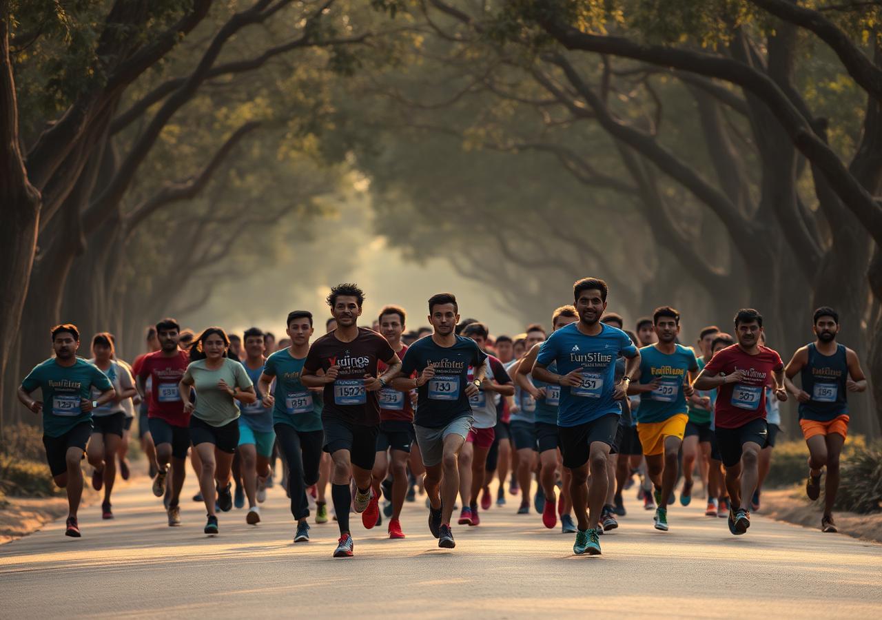 Runners of all ages running together on a tree-lined Sarjapura road at sunrise