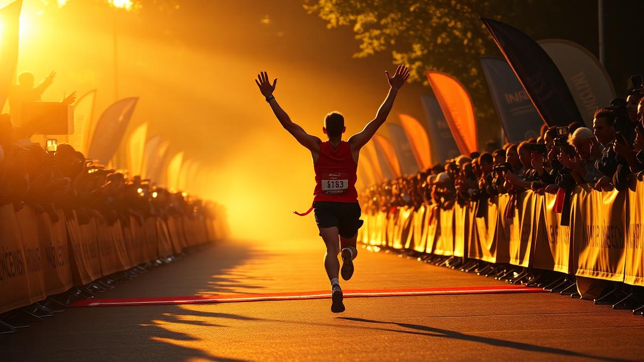 Runner crossing the finish line at sunrise