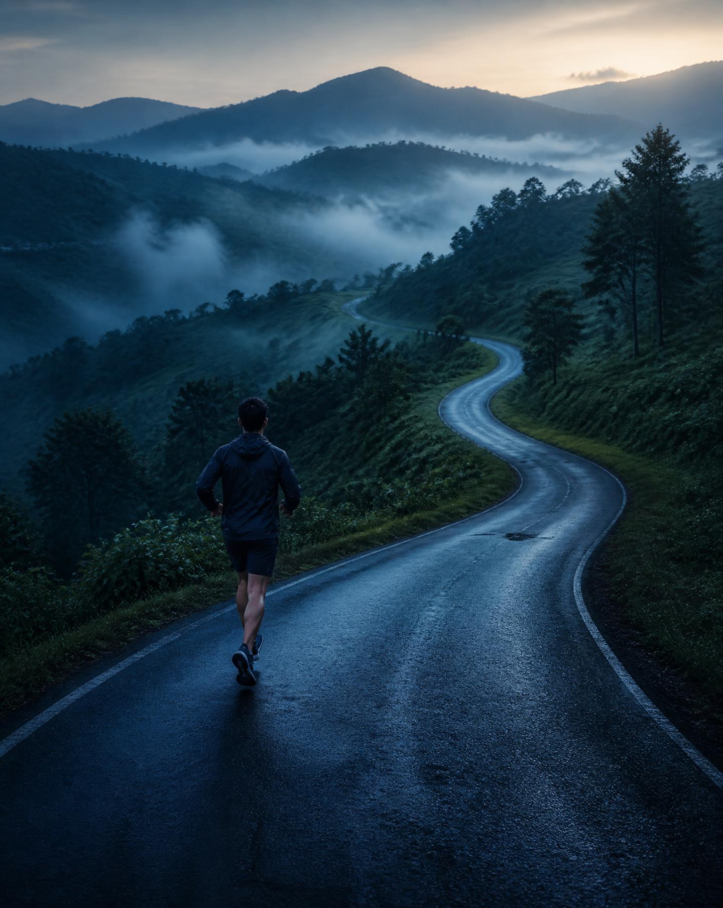 Runner on a winding road through misty green hills at dawn